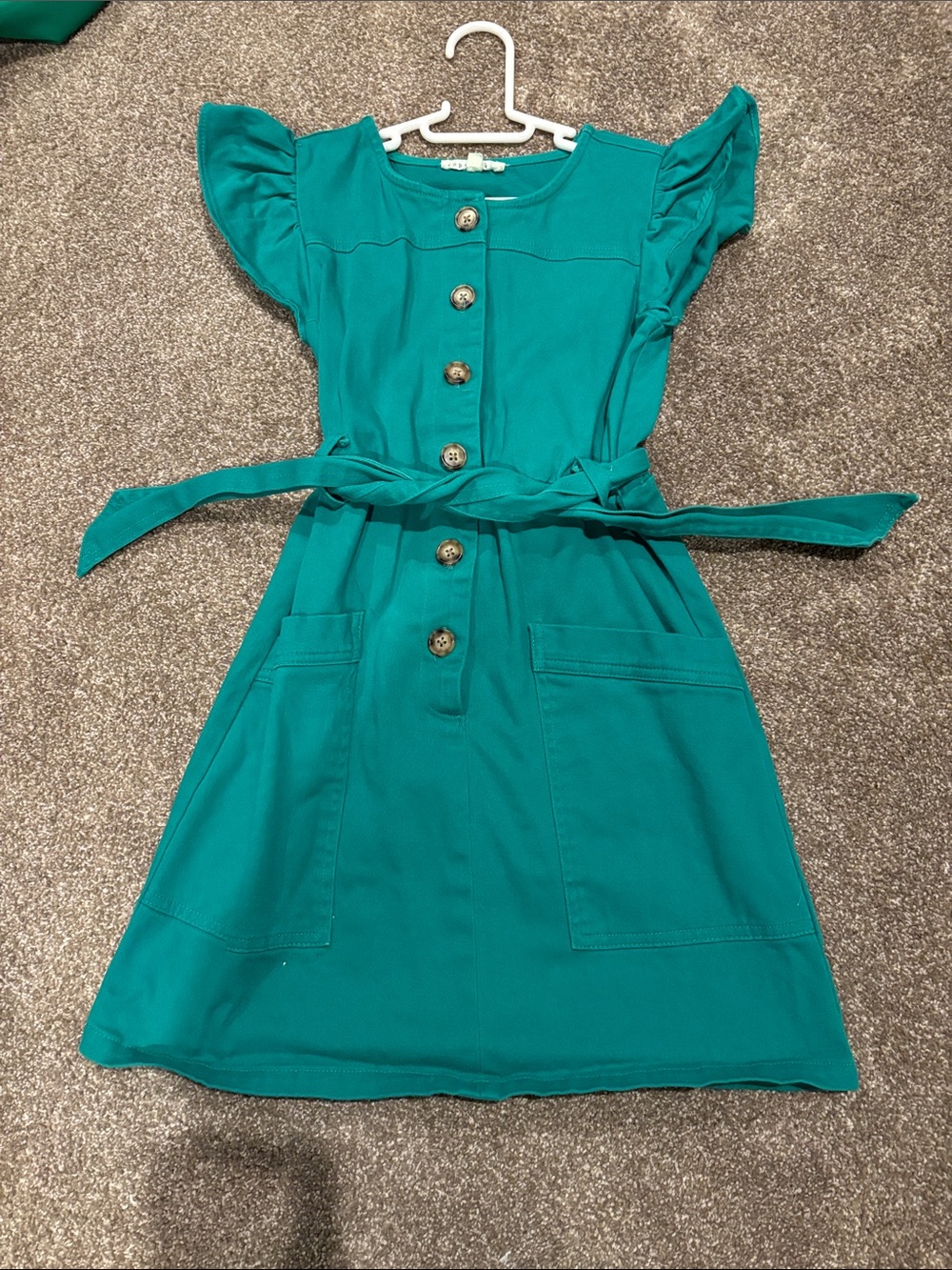 Girls green Button-Front Dress with Tie Waist